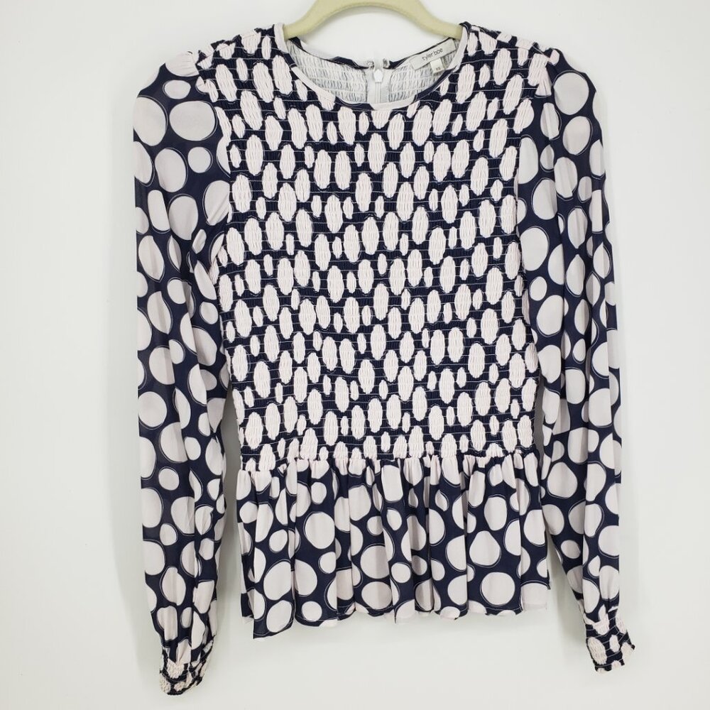 Tyler Boe Polka Dot Smocked Peplum Blouse Top XS Long‎ Sleeves Navy Blue